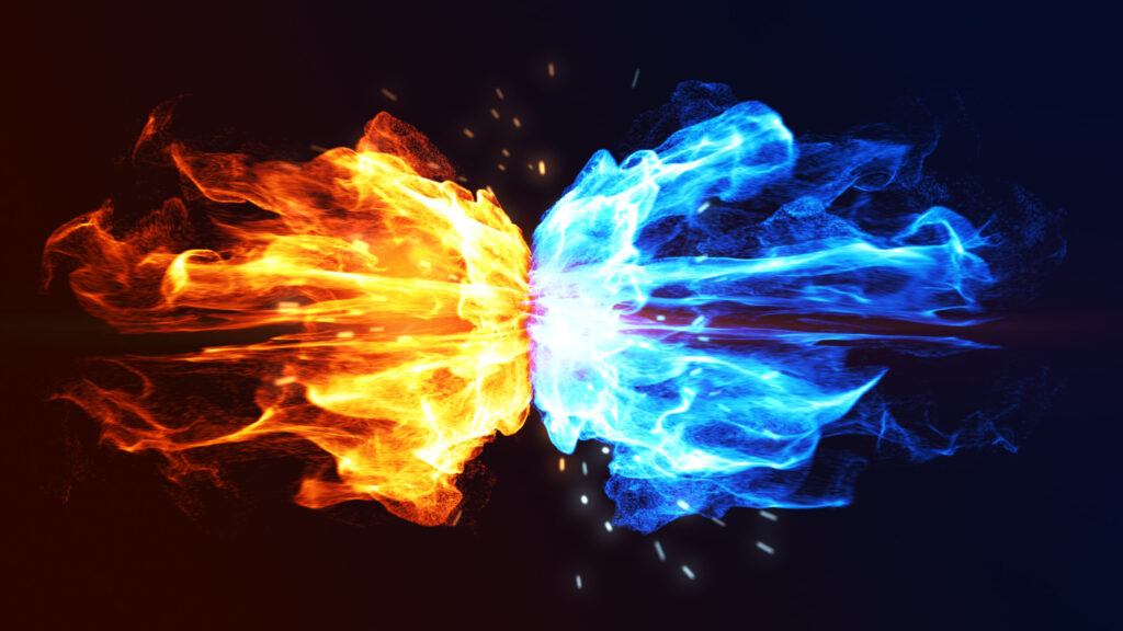 Fire And Ice Concept Design With Spark. 3d Illustration.