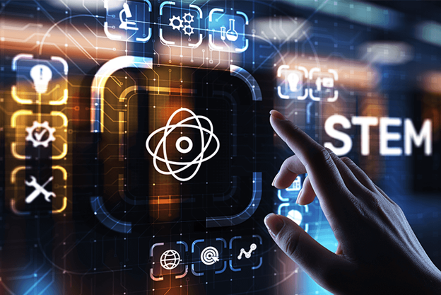 person tapping on stem button surrounded by science and tech graphics