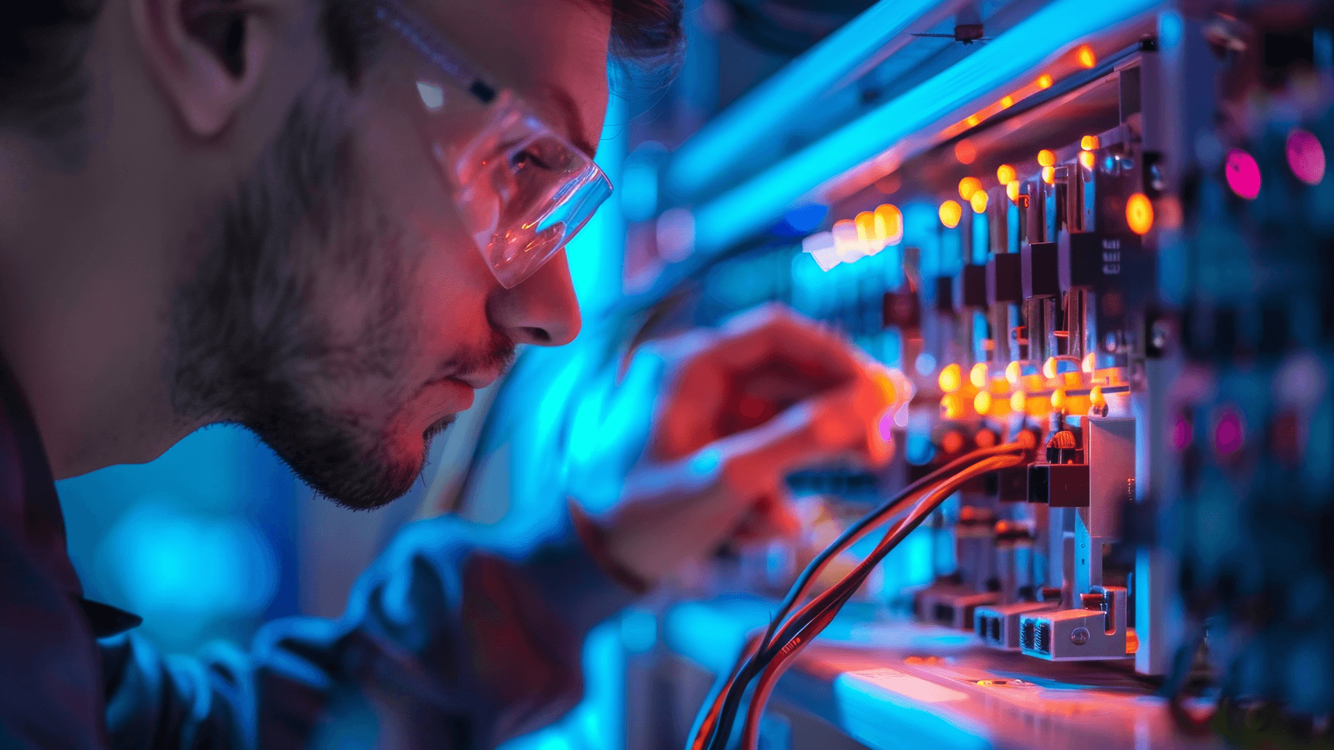 man in safety glasses connecting wires to a new hydrogen fuel cell setup