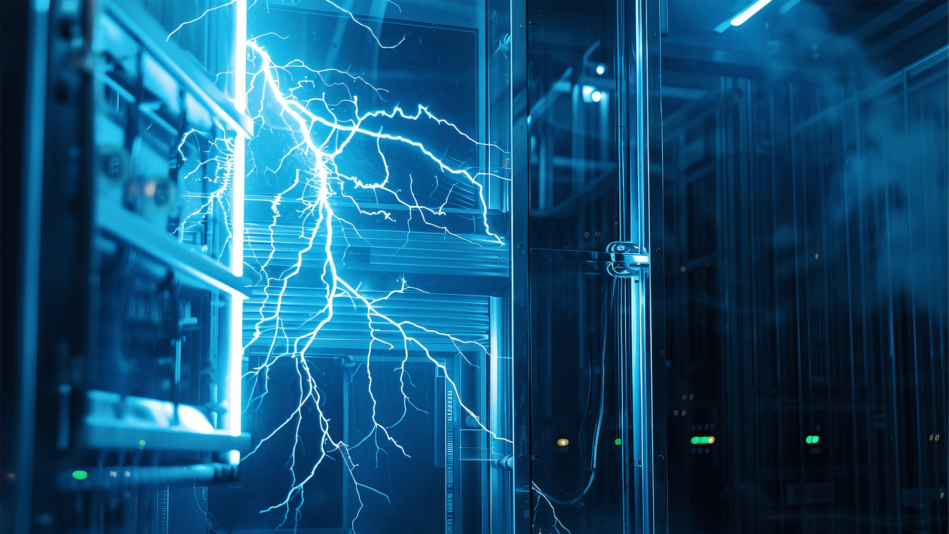 a lightning bolt striking a server rack in a data center