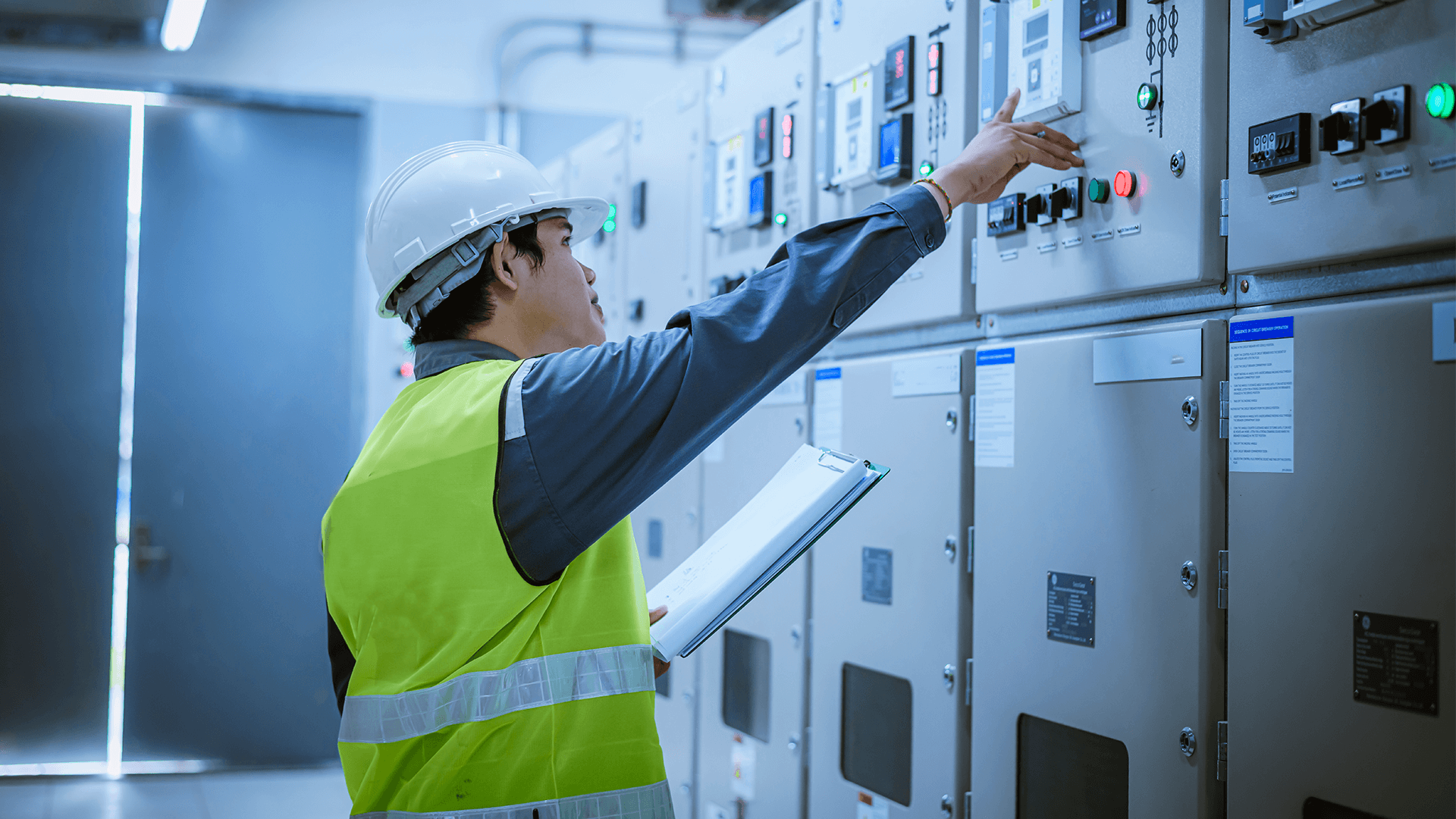 engineer checking power distribution panel and electrical switchboard